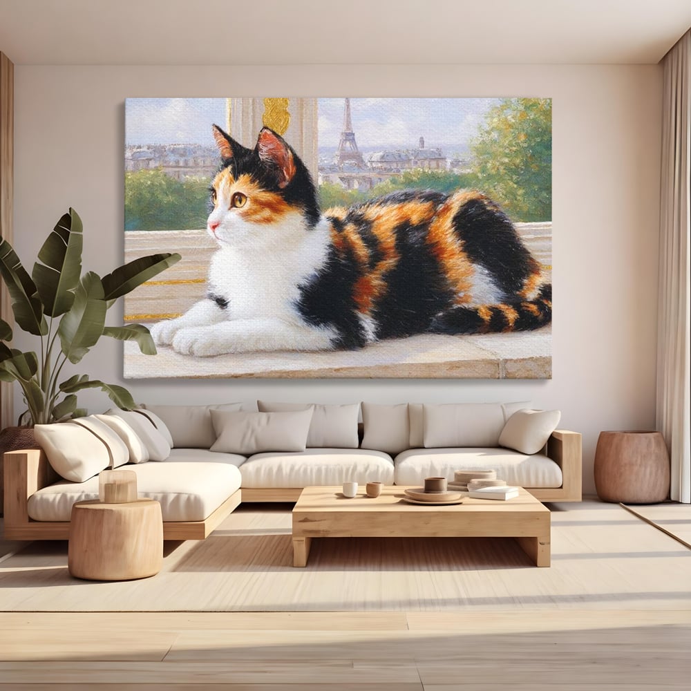 Tablou canvas cu pictura cu pisica calico si turnul eiffel, fara rama, pe sasiu de lemn, pe perete intr-un living